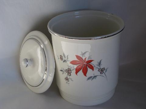 photo of Bakerite pottery kitchen ware, vintage red/grey leaf pattern Harker cookie jar #2