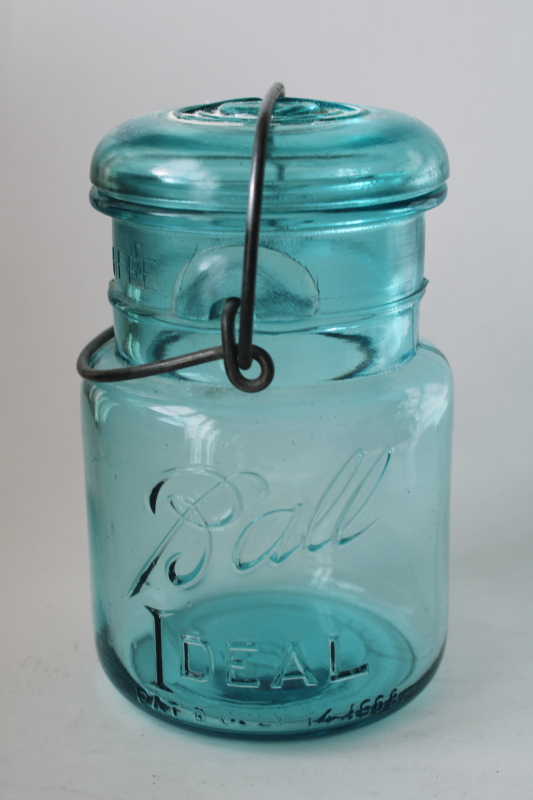 photo of Ball Ideal aqua blue glass canning jar 1908 embossed date, antique wire bail lid pint mason jar  #1