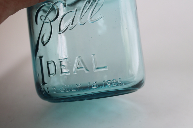 photo of Ball Ideal aqua blue glass canning jar 1908 embossed date, antique wire bail lid pint mason jar  #2