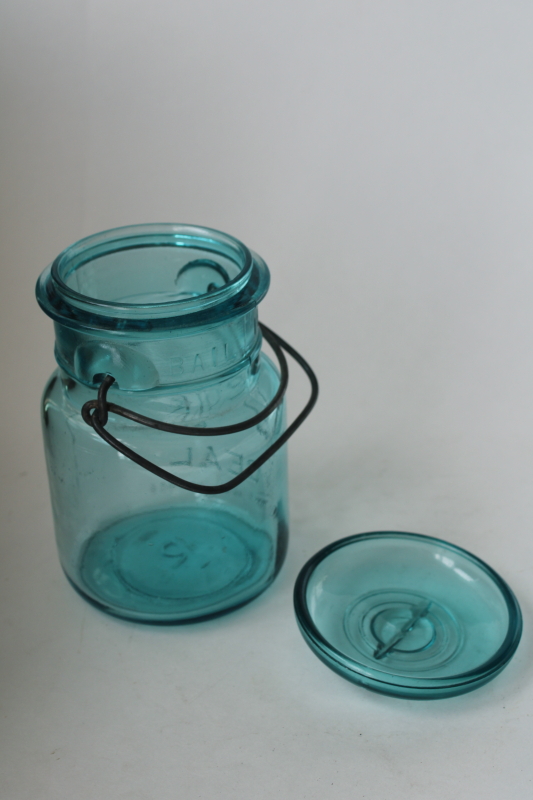 photo of Ball Ideal aqua blue glass canning jar 1908 embossed date, antique wire bail lid pint mason jar  #3