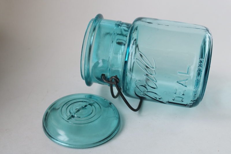 photo of Ball Ideal aqua blue glass canning jar 1908 embossed date, antique wire bail lid pint mason jar  #5