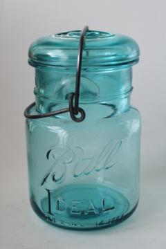 Ball Ideal aqua blue glass canning jar 1908 embossed date, antique wire bail lid pint mason jar 