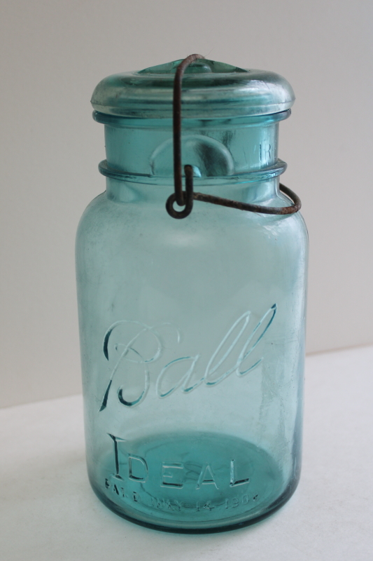 photo of Ball Mason jar w/ 1908 patent date, antique aqua blue glass canning jar w/ lightning lid  #1