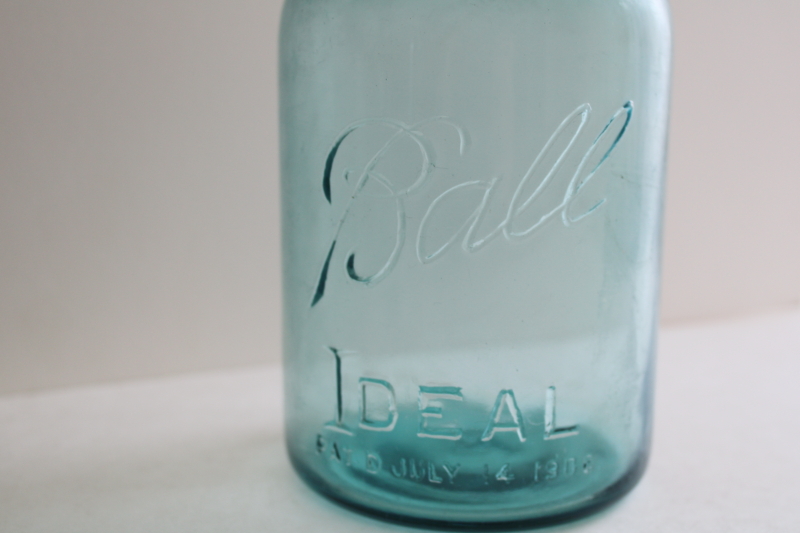 photo of Ball Mason jar w/ 1908 patent date, antique aqua blue glass canning jar w/ lightning lid  #2