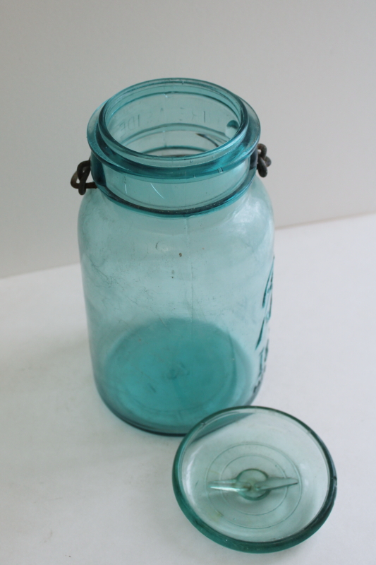 photo of Ball Mason jar w/ 1908 patent date, antique aqua blue glass canning jar w/ lightning lid  #3