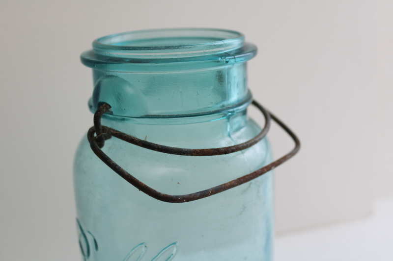 photo of Ball Mason jar w/ 1908 patent date, antique aqua blue glass canning jar w/ lightning lid  #4