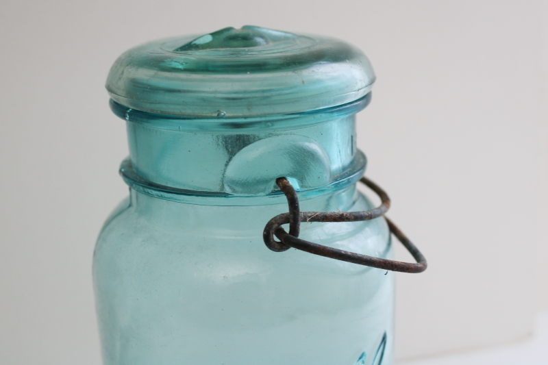 photo of Ball Mason jar w/ 1908 patent date, antique aqua blue glass canning jar w/ lightning lid  #5