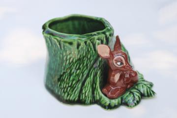 catalog photo of Bambi deer w/ tree stump plant pot, vintage pottery planter hand painted ceramic