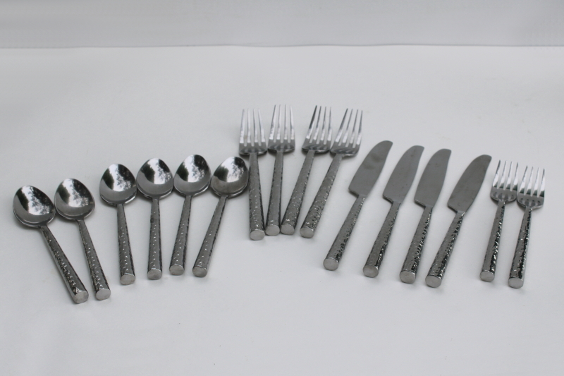 photo of Banana Republic hammered stainless flatware 16 pieces soup spoons, salad & dinner forks, knives #1