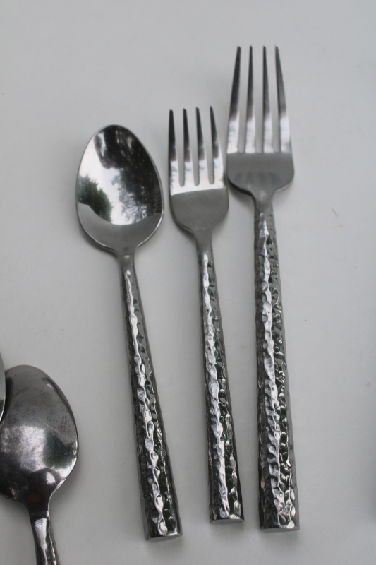 photo of Banana Republic hammered stainless flatware 16 pieces soup spoons, salad & dinner forks, knives  #6