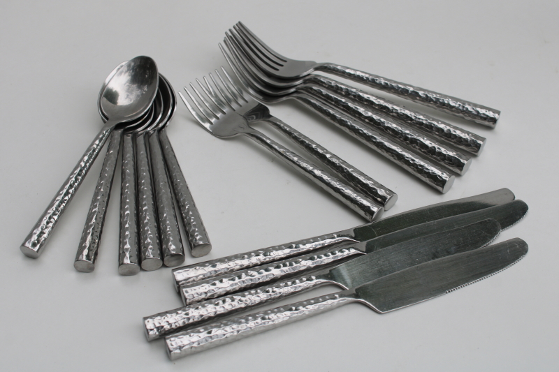photo of Banana Republic hammered stainless flatware 16 pieces soup spoons, salad & dinner forks, knives  #8