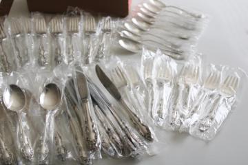 catalog photo of Baroque Rose vintage Oneida 1881 Rogers silver plate flatware set for 8 mint in box