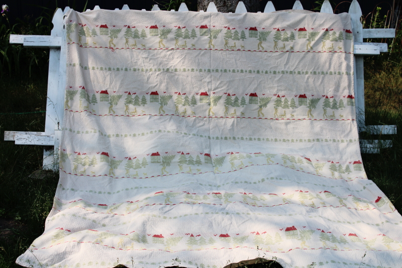 photo of Bates style vintage cotton jacquard bedspread, bringing home Christmas tree village scene woven pattern #2