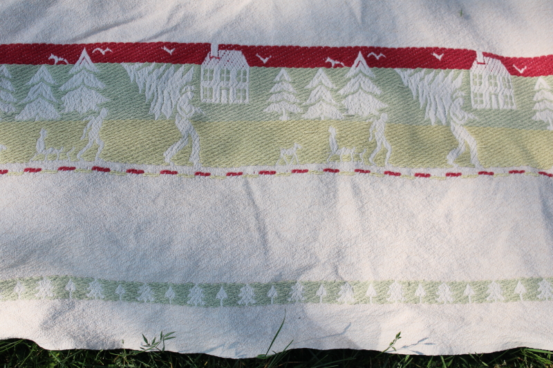 photo of Bates style vintage cotton jacquard bedspread, bringing home Christmas tree village scene woven pattern #6