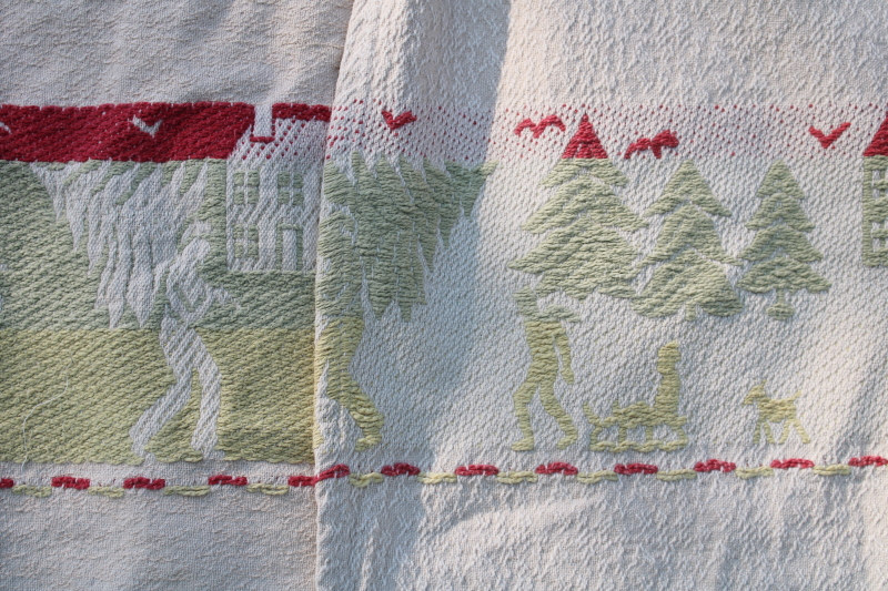 photo of Bates style vintage cotton jacquard bedspread, bringing home Christmas tree village scene woven pattern #8