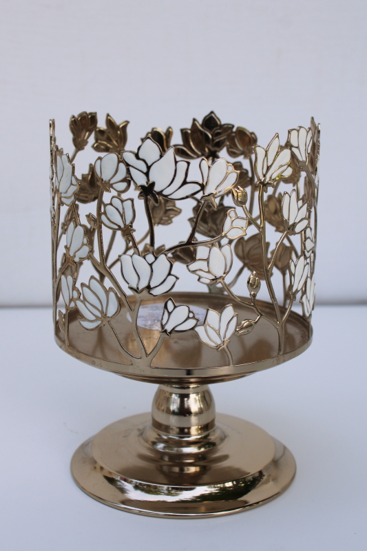 photo of Bath & Body Works 3 wick jar candle holder, magnolia flowers white on gold tone metal #1