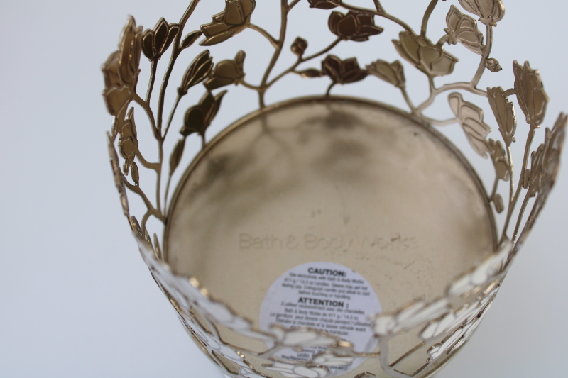 photo of Bath & Body Works 3 wick jar candle holder, magnolia flowers white on gold tone metal  #2