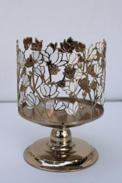 Bath & Body Works 3 wick jar candle holder, magnolia flowers white on gold tone metal 