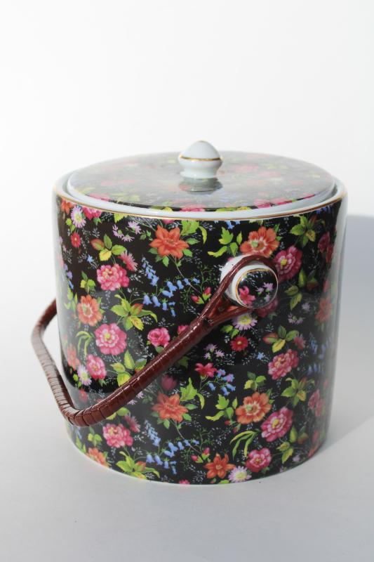 photo of Baum Bros chintz china biscuit barrel cookie jar, 80s vintage Victorian floral on black #1