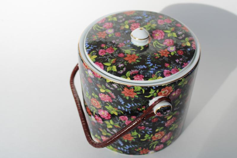 photo of Baum Bros chintz china biscuit barrel cookie jar, 80s vintage Victorian floral on black #2