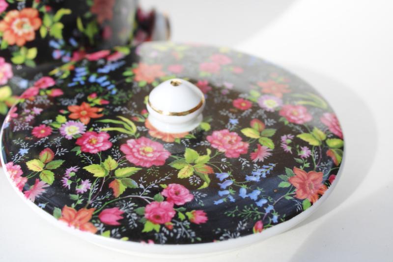 photo of Baum Bros chintz china biscuit barrel cookie jar, 80s vintage Victorian floral on black #6