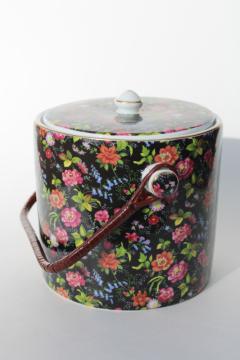 catalog photo of Baum Bros chintz china biscuit barrel cookie jar, 80s vintage Victorian floral on black