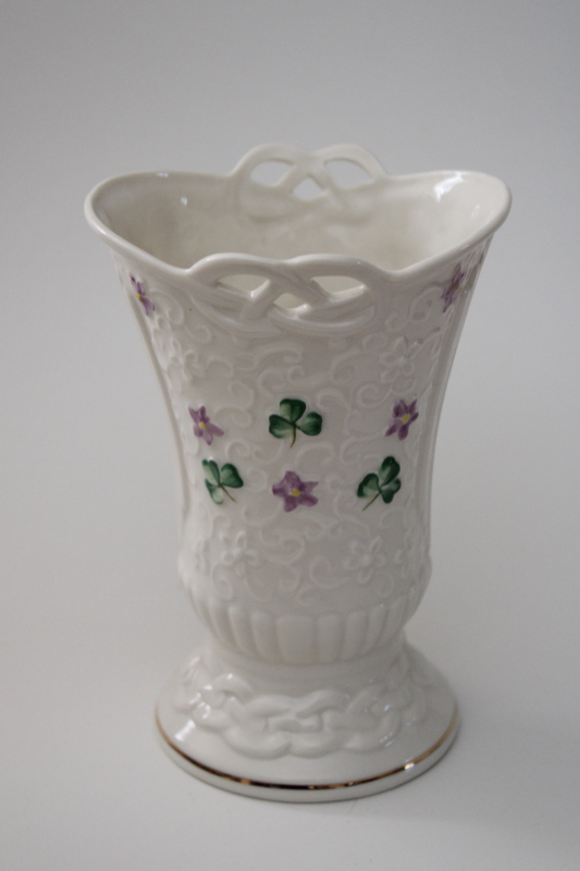 photo of Belleek Celtic Pierced Vase 2005 St Patricks Day numbered limited edition celtic knot shamrocks #1