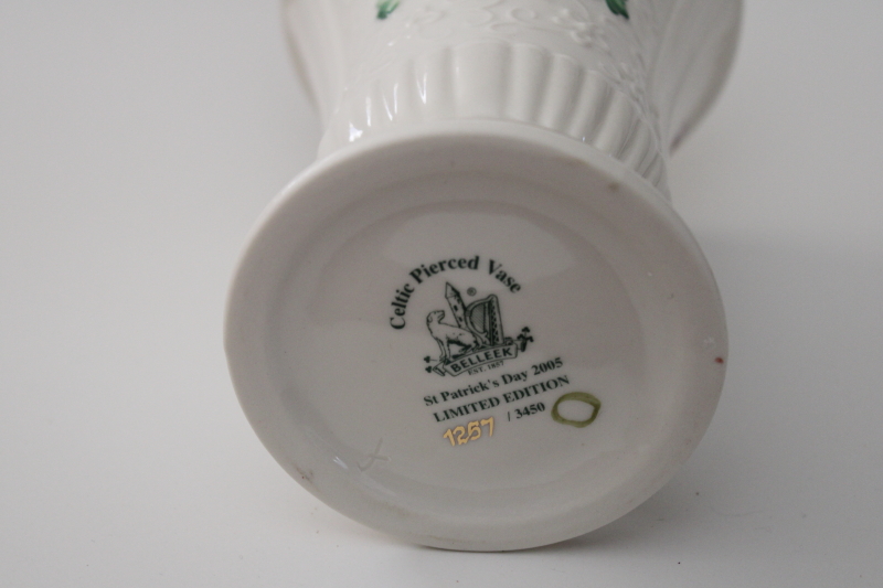 photo of Belleek Celtic Pierced Vase 2005 St Patricks Day numbered limited edition celtic knot shamrocks #4