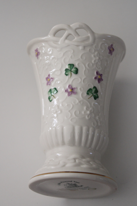 photo of Belleek Celtic Pierced Vase 2005 St Patricks Day numbered limited edition celtic knot shamrocks #5