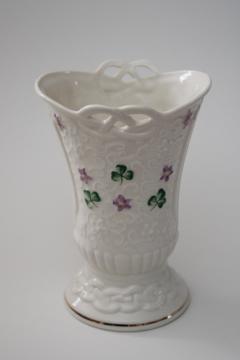 catalog photo of Belleek Celtic Pierced Vase 2005 St Patricks Day numbered limited edition celtic knot shamrocks
