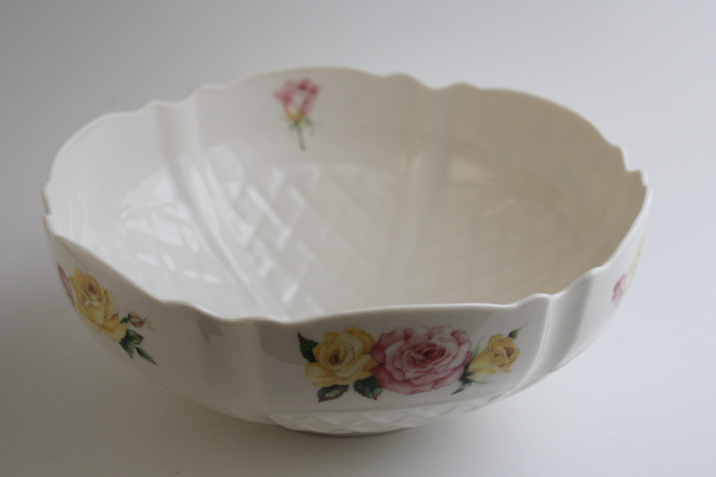 photo of Belleek Ireland china bowl, Cottage Rose pink & yellow floral on embossed lattice pattern #1