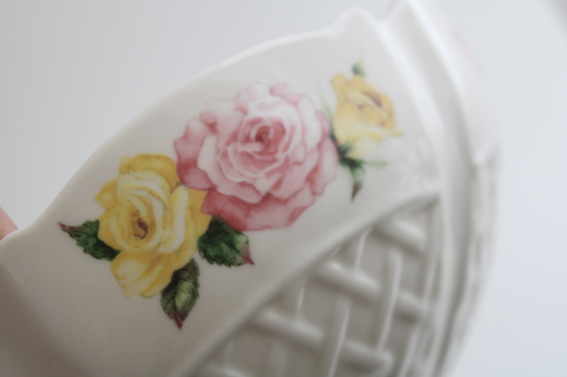 photo of Belleek Ireland china bowl, Cottage Rose pink & yellow floral on embossed lattice pattern #4