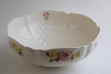 catalog photo of Belleek Ireland china bowl, Cottage Rose pink & yellow floral on embossed lattice pattern