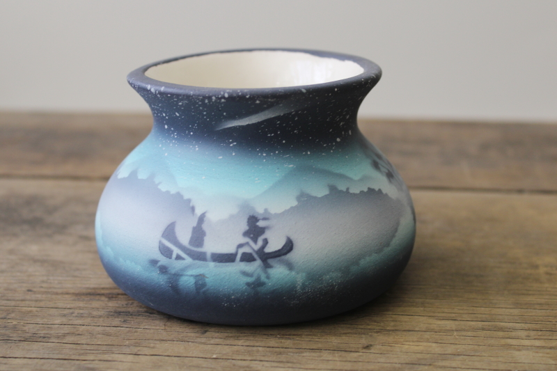 photo of Benally Dini signed Native American pottery small jar, Indians in canoe under night sky #1