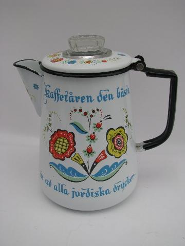 photo of Berggren rosemaled Swedish Rooster vintage enamel coffee percolator #1