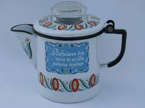photo of Berggren rosemaled design vintage enamel 2 cup pot w/ coffee motto #1
