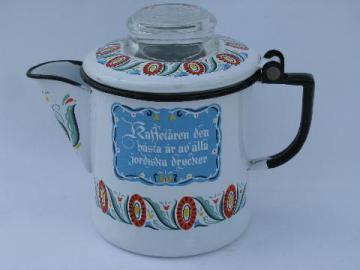 catalog photo of Berggren rosemaled design vintage enamel 2 cup pot w/ coffee motto