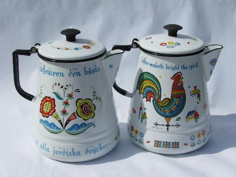 photo of Berggren rosemaled design vintage enamel coffee pots, one Swedish, one English #2