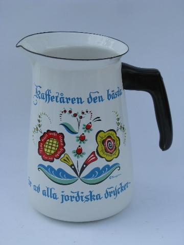 photo of Berggren rosemaled design vintage enamel pitcher w/ coffee motto #1