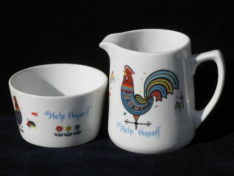 photo of Bergrren rosemaled Swedish rooster w/ motto china, kitchen plaque, cream & sugar #3