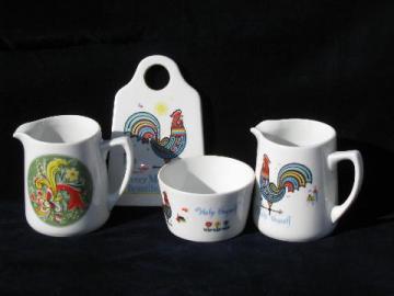 catalog photo of Bergrren rosemaled Swedish rooster w/ motto china, kitchen plaque, cream & sugar