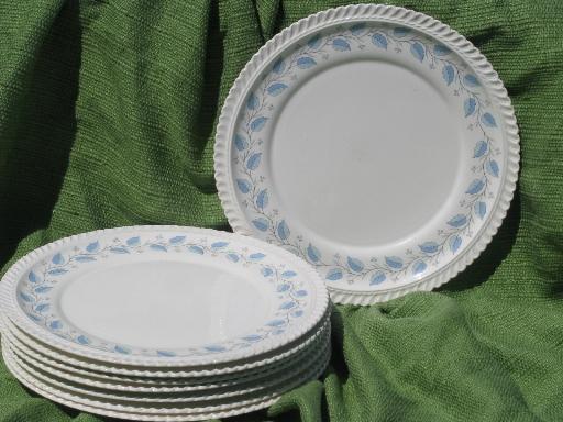 photo of Bermuda blue leaf pattern Harker ware china, 8 vintage dinner plates #1