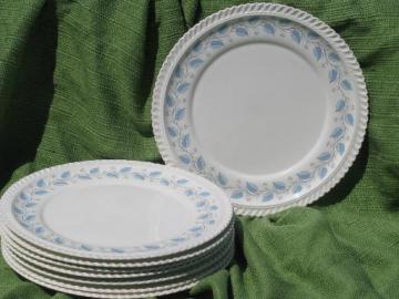 catalog photo of Bermuda blue leaf pattern Harker ware china, 8 vintage dinner plates