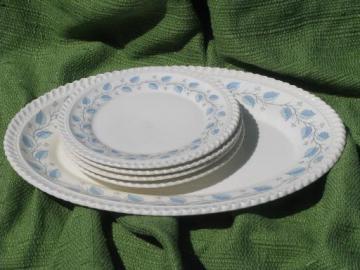 catalog photo of Bermuda blue leaf pattern Harker ware china, vintage platter and plates