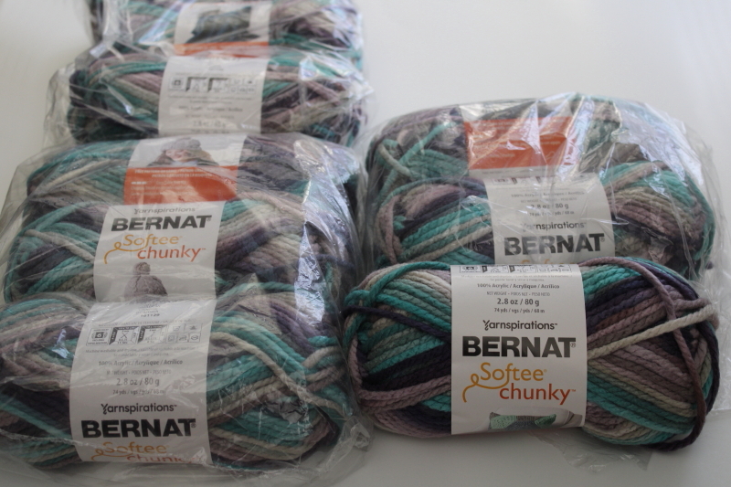 photo of Bernat Softee Chunky acrylic yarn Shadow ombre cool teal green lavender purple grey #1