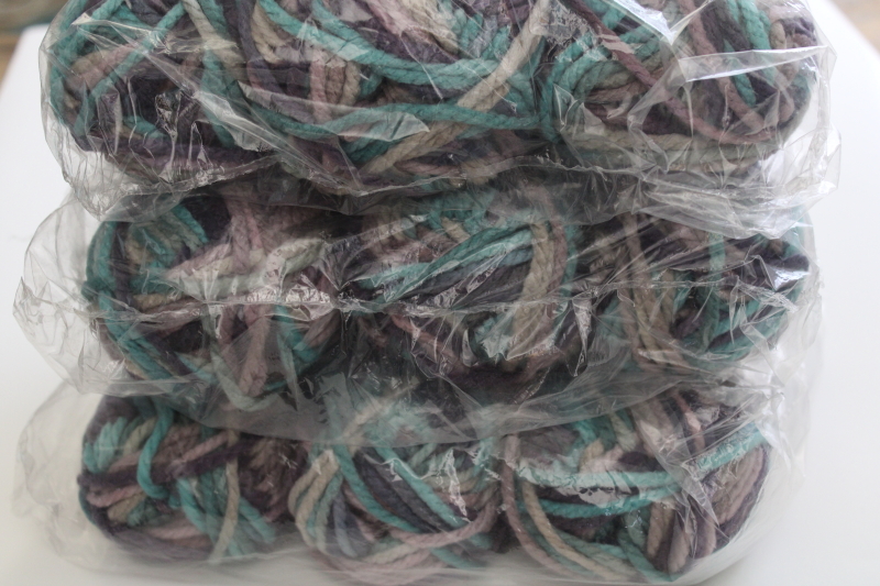 photo of Bernat Softee Chunky acrylic yarn Shadow ombre cool teal green lavender purple grey #4