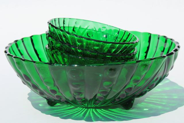 photo of Berwick burple bubble pattern vintage Anchor Hocking forest green glass berry bowls set #2