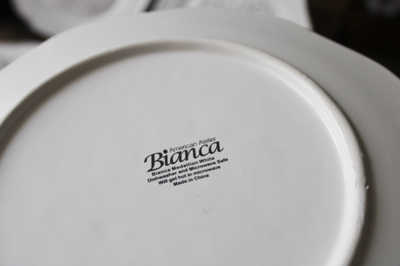 photo of Bianca white medallion ceramic plates American Atelier dinnerware, modern rustic wall art #4