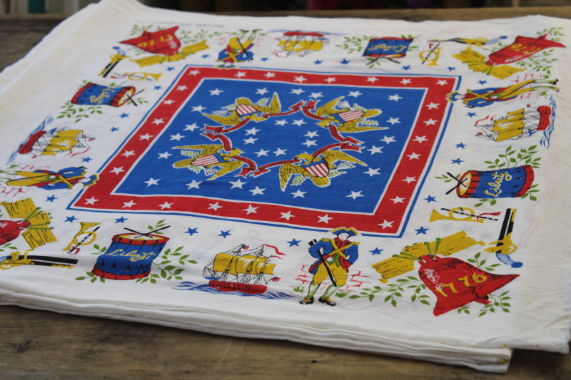 photo of Bicentennial vintage Americana colonial patriotic print cotton fabric, bandanas cut & sew panel #1