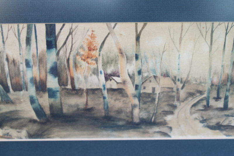 photo of Birch Grove antique original watercolor painting 1909 artist signed winter woods cabin homestead landscape  #7